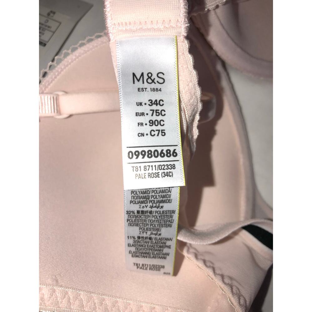Marks Spencer Bra Size Uk/Us 34c Eur 75c Fr 90c Pale Rose Lace Padded Plunge New — image 3 of 5
